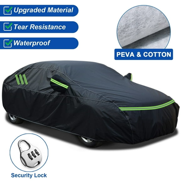 193" Sedan Car Cover Upgraded PEVA+Cotton Waterproof Full Automobiles Cover with Security Lock Outdoor Indoor All Weather Snow Rain Sun Dust Protection Black