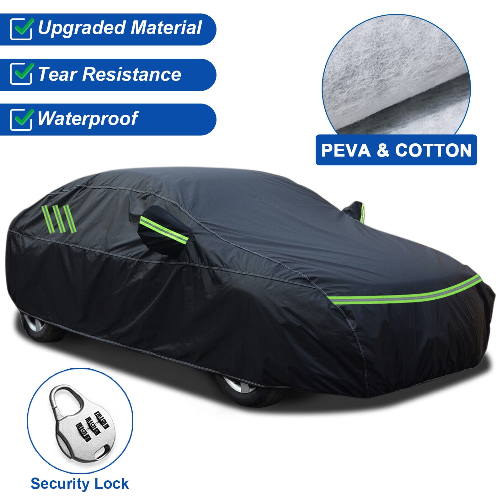193 Sedan Car Cover Upgraded PEVA+Cotton Waterproof Full Automobiles Cover  with Security Lock Outdoor Indoor All Weather Snow Rain Sun Dust Protection  Black 