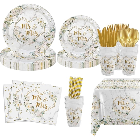 193 pcs White Wedding Party Decorations, Mr and Mrs Paper Plates Cup and Nakpins Set, Floral Wedding Disposable Dinnerware with Tablecloth, Bridal Shower Disposable Party Supplies, 24 Guests