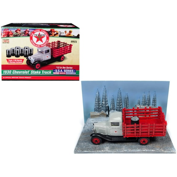1930 Chevrolet Stake Truck & 8 Oil Barrels & Oil Derricks Diorama "Texaco" 1/43 Diecast Model by Auto World