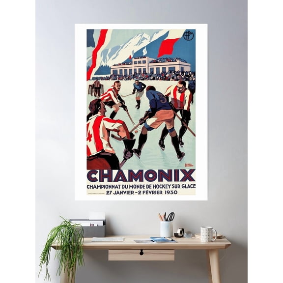 1930 Ice Hockey World Championship, Chamonix, France - Vintage Poster Poster Wall Art, Modern Wall Decor For Living Room Bedroom, 8x12 UNFRAMED