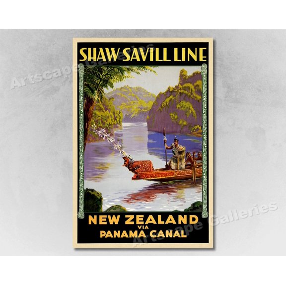 1930 Travel to New Zealand via Panama Canal Vintage Style Graphic Illustration, Unframed Poster