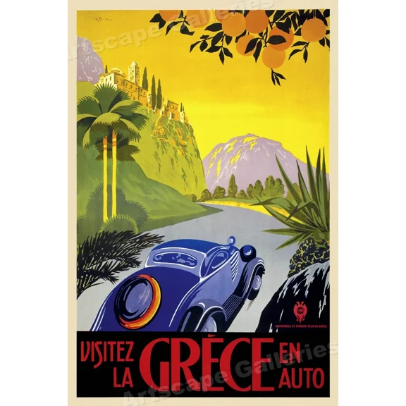 1930 Visit Greece Classic Auto Car Vintage Style Travel Poster Home Decor Office Wall Art