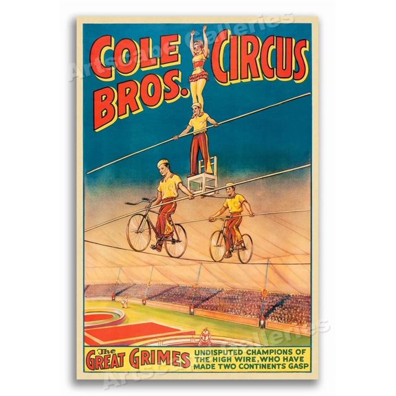 1930S Cole Bros. Circus The Great Grimes High Wire Act Office Poster , Poster Print Only