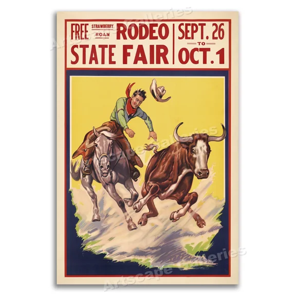1930S Cowboy Rodeo Poster State Fair Steer Wrestling Home Decor Office Wall Art