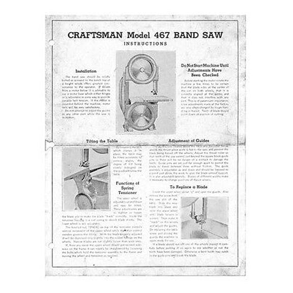 1930s Craftsman 467 Band Saw Instruction Manual Instructions REPRINT