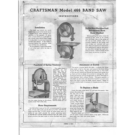 1930s Craftsman Model 466 Band Saw Instructions Instructions REPRINT