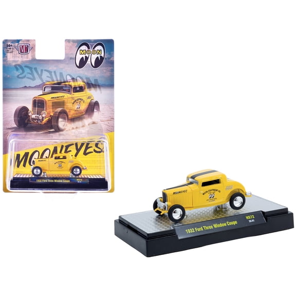 1932 Ford Three-Window Coupe "MoonEyes" Yellow with Black Stripe Limited Edition 1/64 Diecast Model Cars by M2 Machines