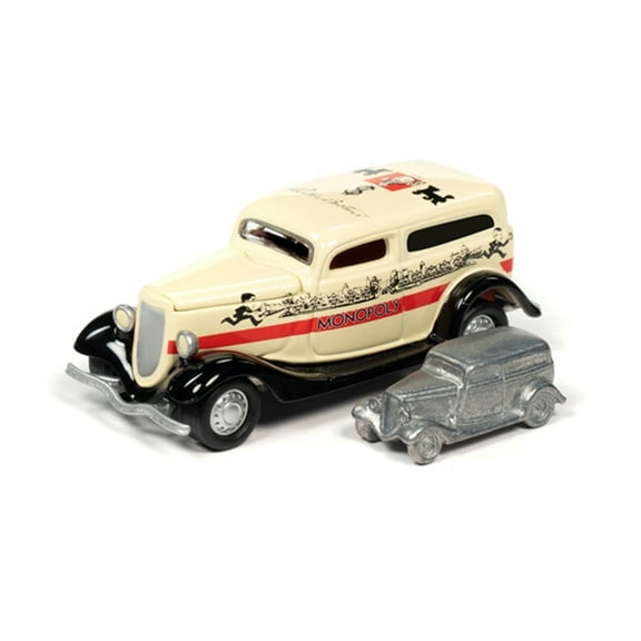 1933 Ford Panel Delivery Truck with Token Monopoly 85th Anniversary, Yellow and Black - Johnny Lightning JLSP093/24 - 1/64 scale Diecast Model Toy Car