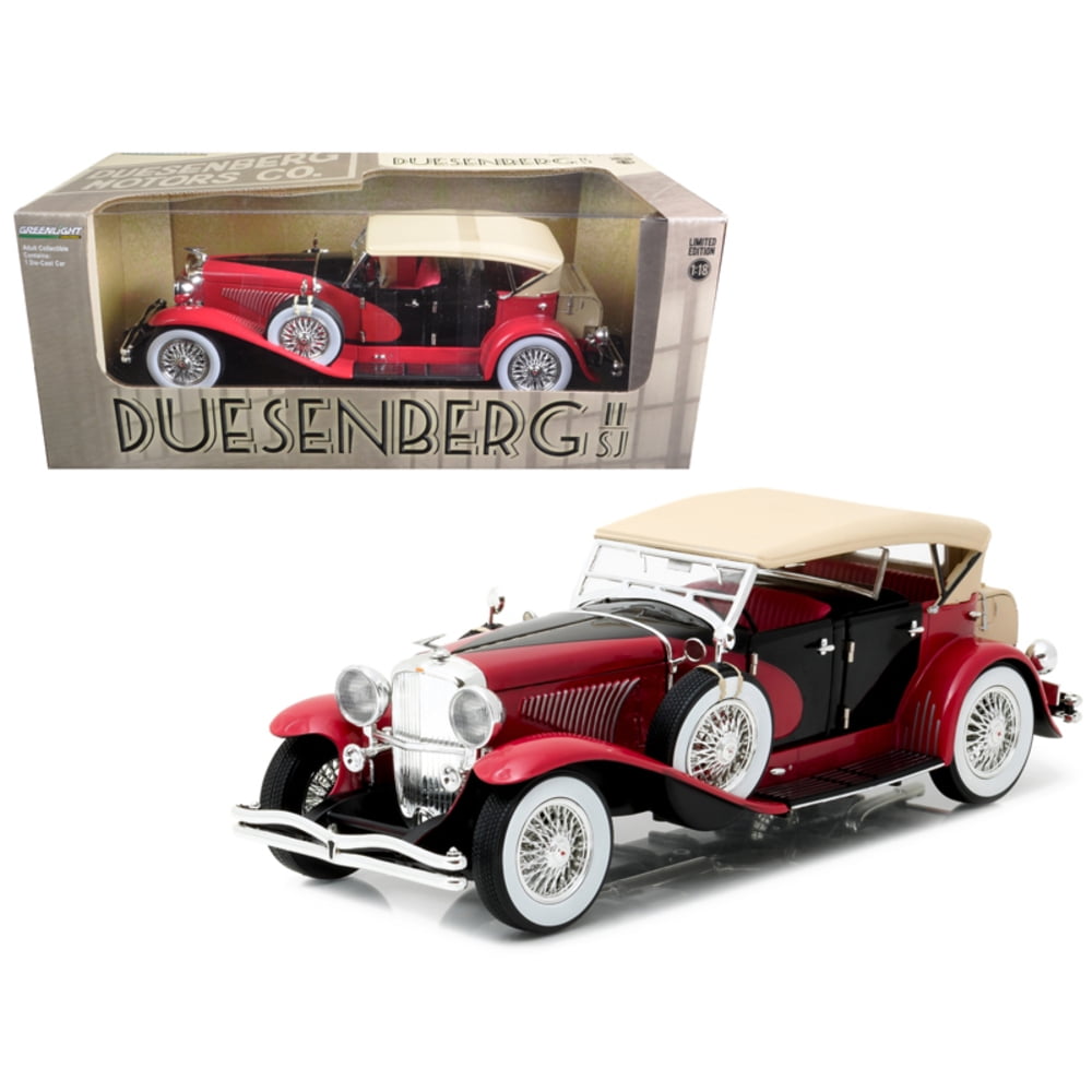 1934 Duesenberg II SJ Red and Black 1/18 Diecast Model Car by