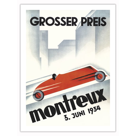 1934 Montreux Grand Prix (Grosser Preis) Switzerland - Vintage Car Racing Poster by Johannes (Hans) Handschin - Fine Art Matte Paper Print (Unframed) 24x32in