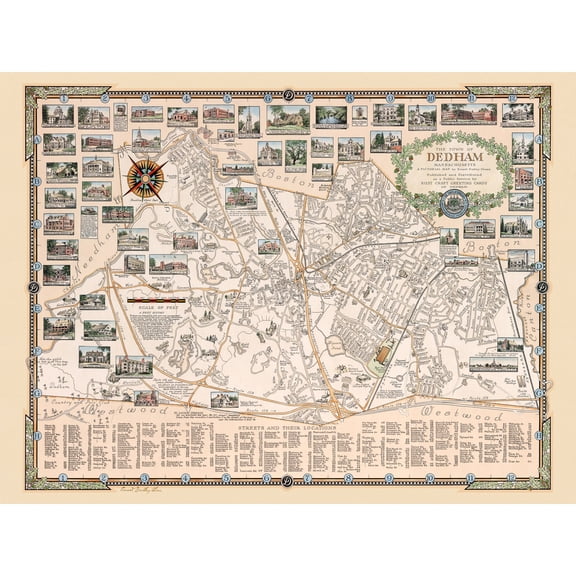 1935 Ernest Dudley Chase Map Town Dedham Massachusetts Extra Large XL Wall Art Poster Print