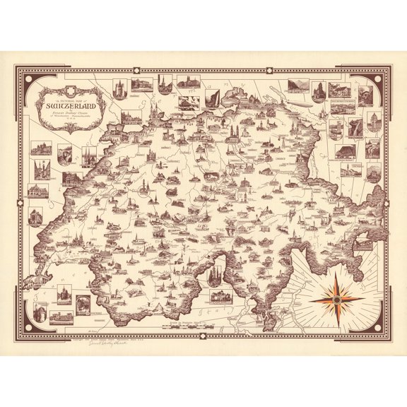 1936 Ernest Dudley Chase Pictorial Map Switzerland Extra Large XL Wall Art Poster Print