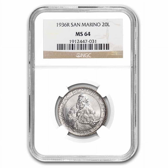 1936-R San Marino 20 Lire MS-64 NGC