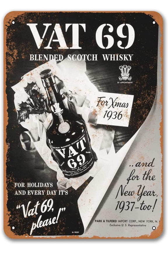 1936 Vat 69 Scotch Whiskey Sign, Retro Metal Sings Wall Decor Art Vintage Tin Signs for Beer Pub Kitchen BBQ Restaurant Dinner Room Bakery 8x12 Inch