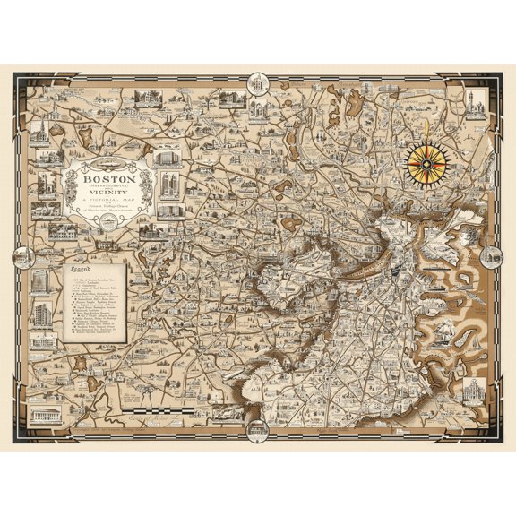 1938 Ernest Dudley Chase Map Boston Massachusetts Extra Large XL Wall Art Poster Print