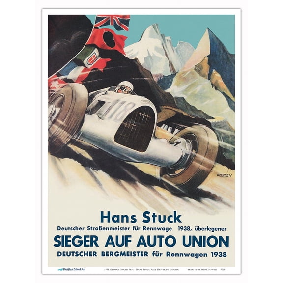 1938 German Grand Prix - Hans Stuck Race Driver - Sieger AUF Auto Union - Vintage Car Racing Poster by Klokien - Master Art Print (Unframed) 9in x 12in