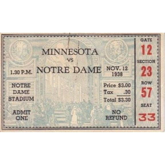 1938 Notre Dame vs Minnesota college football ticket stub Elmer Layden