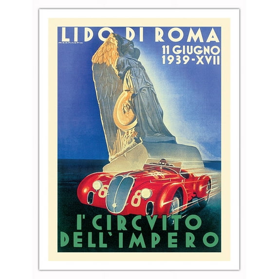1939 Circuit of the Empire (l’ Circuito Dell’Impero) - Italy Rome (Lido Di Roma) - Vintage Car Racing Poster - Fine Art Matte Paper Print (Unframed) 20x26in