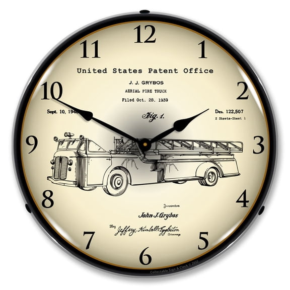 Collectable Sign and Clock 1939 Fire Truck Patent LED Lighted Premium Wall Clock