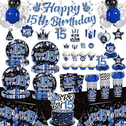 193Pcs 15th birthday decorations for boys with Cupcake Topper, 25 Disposable Tableware Set, with 2pcs Table Cloth, Cake Topper, Centerpieces, Banner, for 15 year old boy birthday decorations