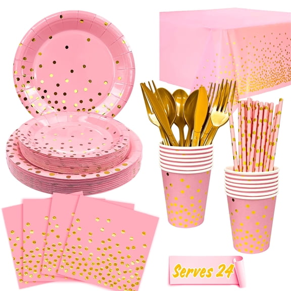 193Pcs Pink and Gold Disposable Dinnerware Set, Serves 24 Guests with Golden Dot Plates, Cups, Straws, Tablecloth and Gold Plastic Cutlery for Birthday, Graduation and Holiday Party Decor