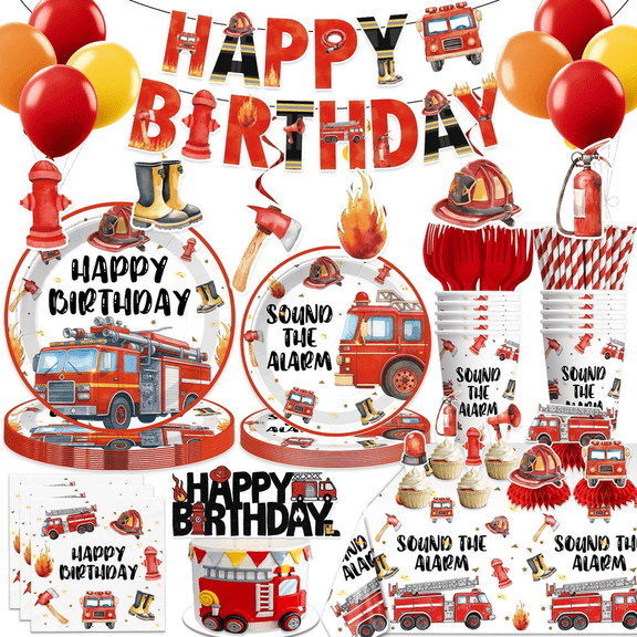 193pcs Fire Truck Birthday Party Decorations, Fireman Themed Party Tableware Kit Firefighter Party Supplies for Kids Boys Birthday