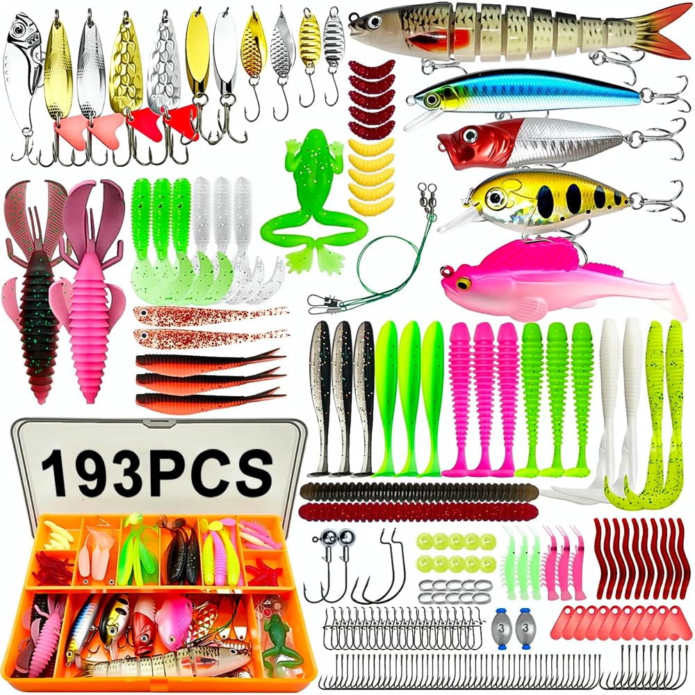 193pcs Fishing Lures Kit With Tackle Box  Freshwater Saltwater Bass Set - Hard Baits Soft Plastic Worms Crankbaits Spinner Frog Hooks & Accessories