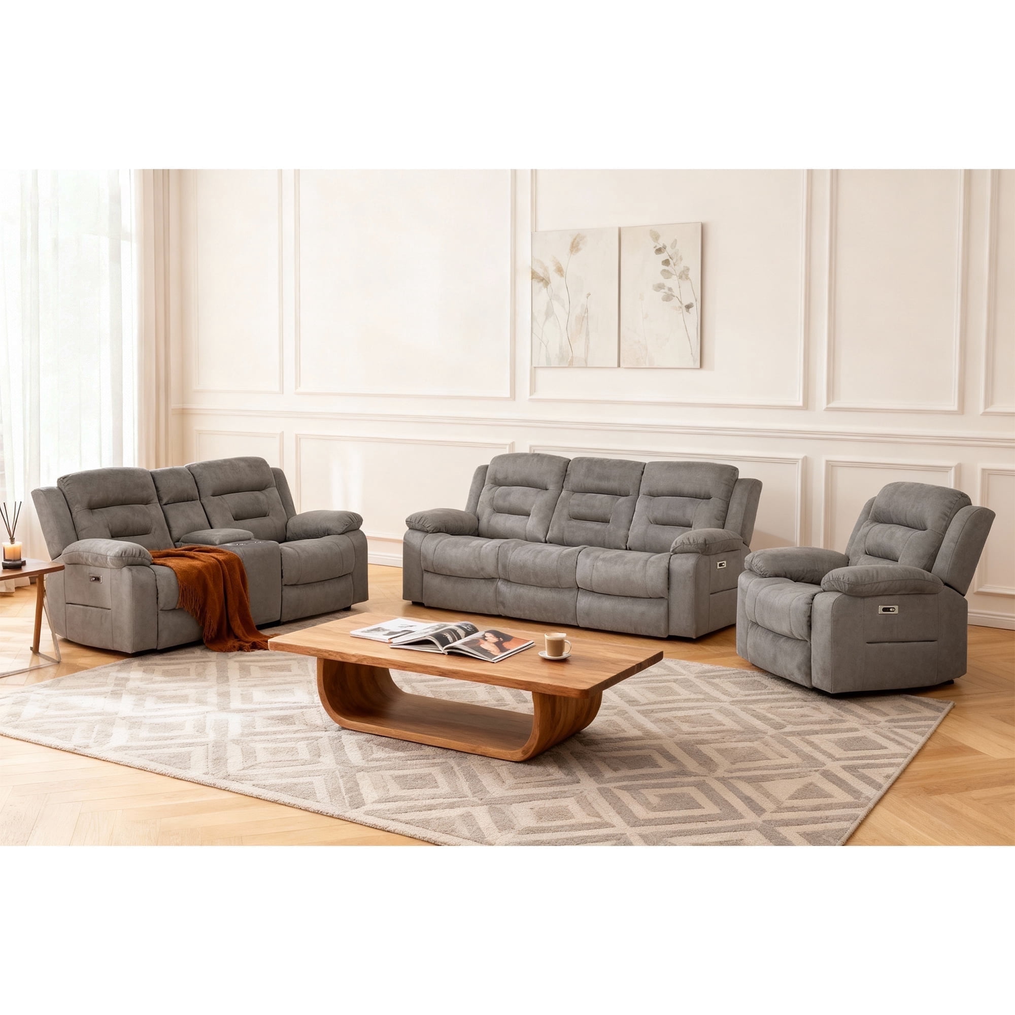 3 Piece Manual Reclining Fabric Sofa Set with 3-Seater Sofa, Loveseat ...