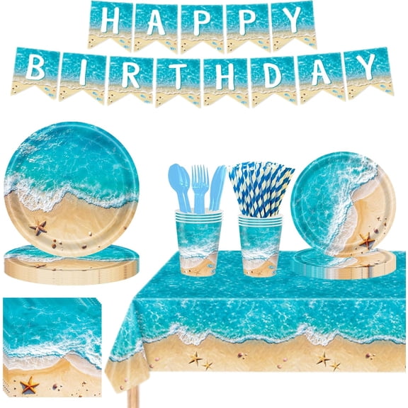 194 Pcs Beach Ocean Waves Birthday Party Supplies, Include Plates Cups Napkins Banner Tablecloth Straw Spoon Knifes Forks Tableware Set for Hawaiian Party Birthday Decorations, Serves 24 Guests