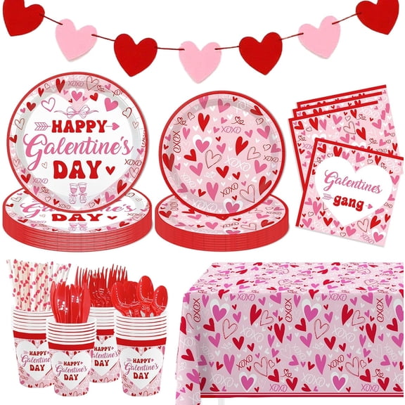 194 Pcs Galentines Day Party Plates Set Happy Galentine's Day Tableware Set Hearts Galentines Gang Decoration for Women Girls Romantic Valentine's Day Party Supplies for 24 Guests
