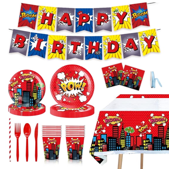 194 Pcs Super Theme Hero Party Tableware and Decorations Set with Plates, Cups, Napkins, Forks, Spoons, Knives, Straws, Tablecloth and Banner for 24 Guests, Ideal for Birthday Parties A101