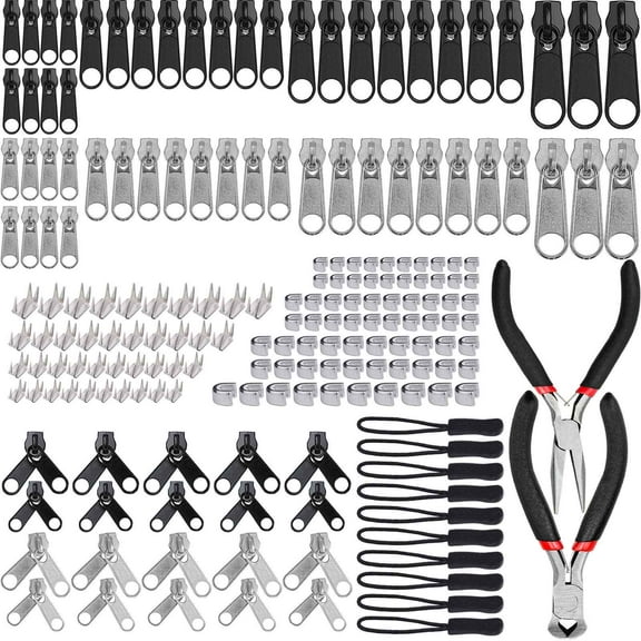 194 Pcs Zipper Repair Kit, Replacement Zip Slider Zipper Replacement with 2 Mini Pliers, for Garment, Bag, Jackets,Tents