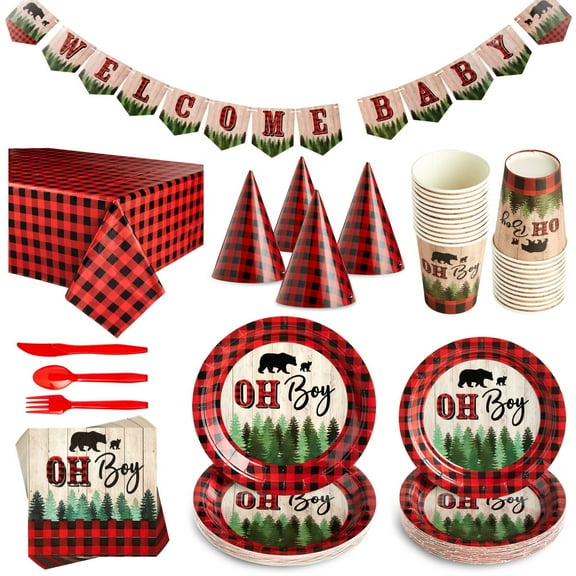 Sparkle and Bash Oh Boy Buffalo Plaid Plates & Napkins Set - 94 Piece, Red & Black Lumberjack Table Decorations - Little Lumberjack Baby Shower Theme Banner, Tablecloth, Cups & Cutlery for Boy Shower