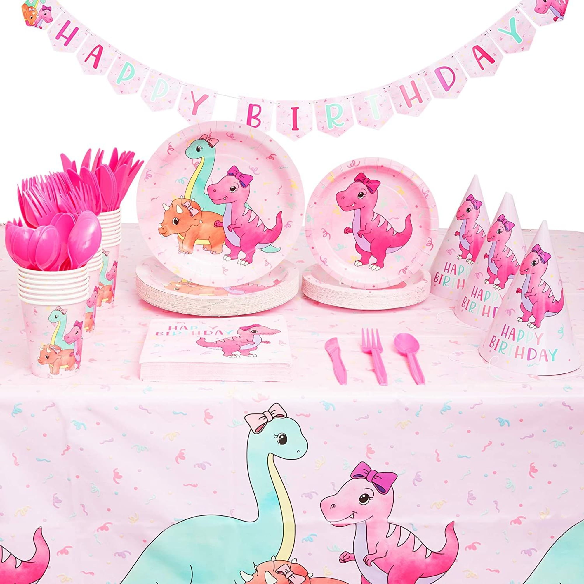 194Piece Pink Baby Girl Dinosaur Birthday Party Supplies with Plates