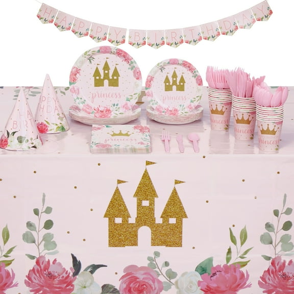 BLUE PANDA Princess Decorations for Birthday Party Kit - 194-Piece Pink Floral & Gold Castle Theme - Plates & Napkins, Cups & Cutlery, Banner, Tablecloth & Hats - Princess & Tea Party Decorations