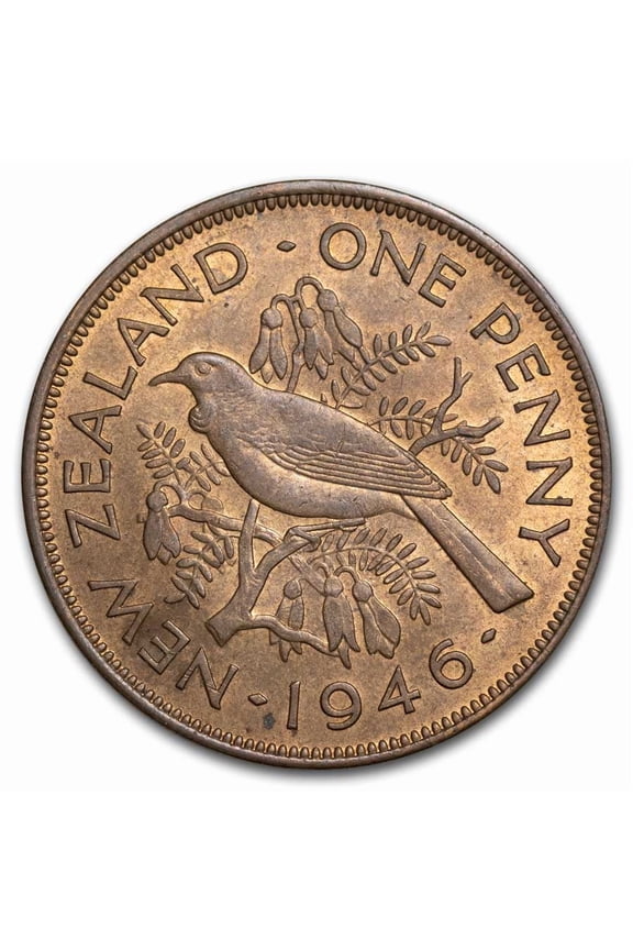 1940-1947 New Zealand Bronze 1 Penny Tui Bird George VI BU R/B