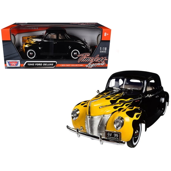 1940 Ford Deluxe Black with Yellow Flames "Timeless Classics" 1/18 Diecast Model Car by Motormax