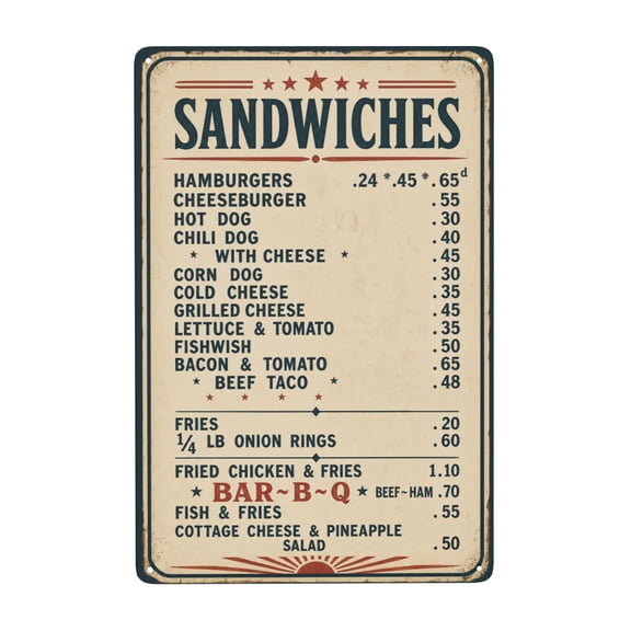 1940s Diner Menu Metal Tin Sign For Restaurant And Kitchen Wall Decor 8x12 Inch