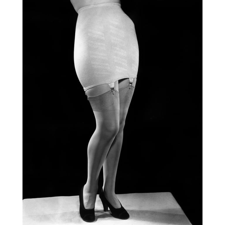 1940s Fashion Woman From Waist Down Wearing Girdle With Garters Clips  Holding Silk Nylon Hose Stockings Print By Vintage