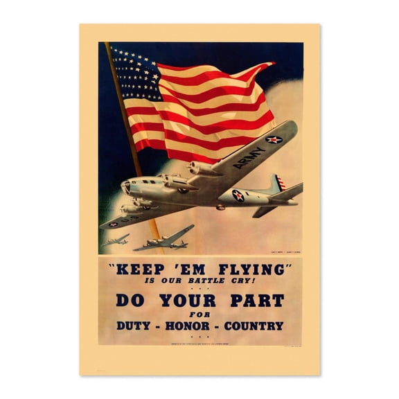 1940s Keep 'Em Flying WWII Army Air Corp Recruiting Classic World War II For Veteran Gifts And Wall Art Decor, Unframed Canvas