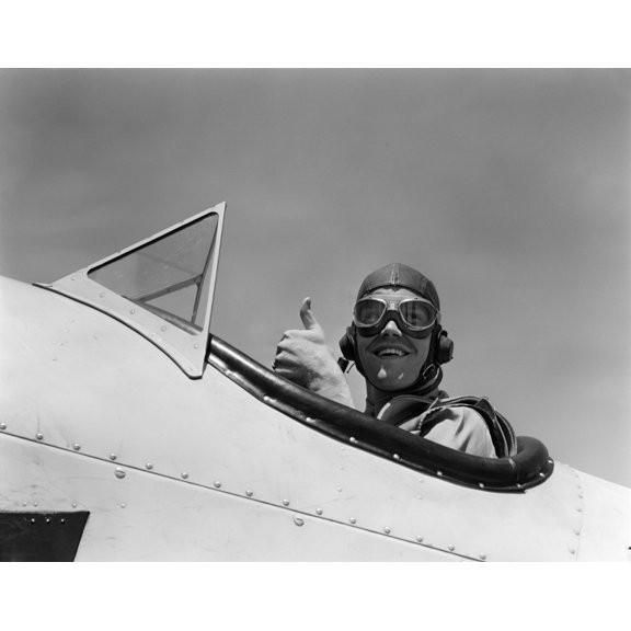 1940s Smiling Army Air Corps Pilot In Open Cockpit Wearing A Leather Flying Helmet Giving A Thumbs-Up Sign Print By