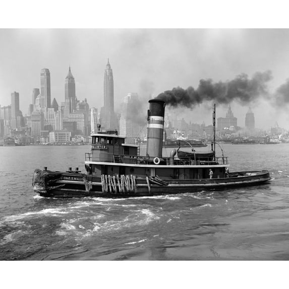 1940s Steam Engine Tugboat On Hudson River With York City Skyline In Smokey Background Outdoor Print By Vintage