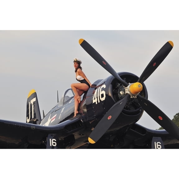 1940s style Navy pin-up girl sitting on a vintage Corsair fighter plane Poster Print