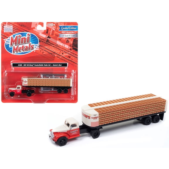 1941-1946 Chevrolet Tractor Red and White with Flatbed Bottle Trailer "Kamm's Beer" "Mini Metals" Series 1/87 (HO) Scale Model Car by Classic Metal Works