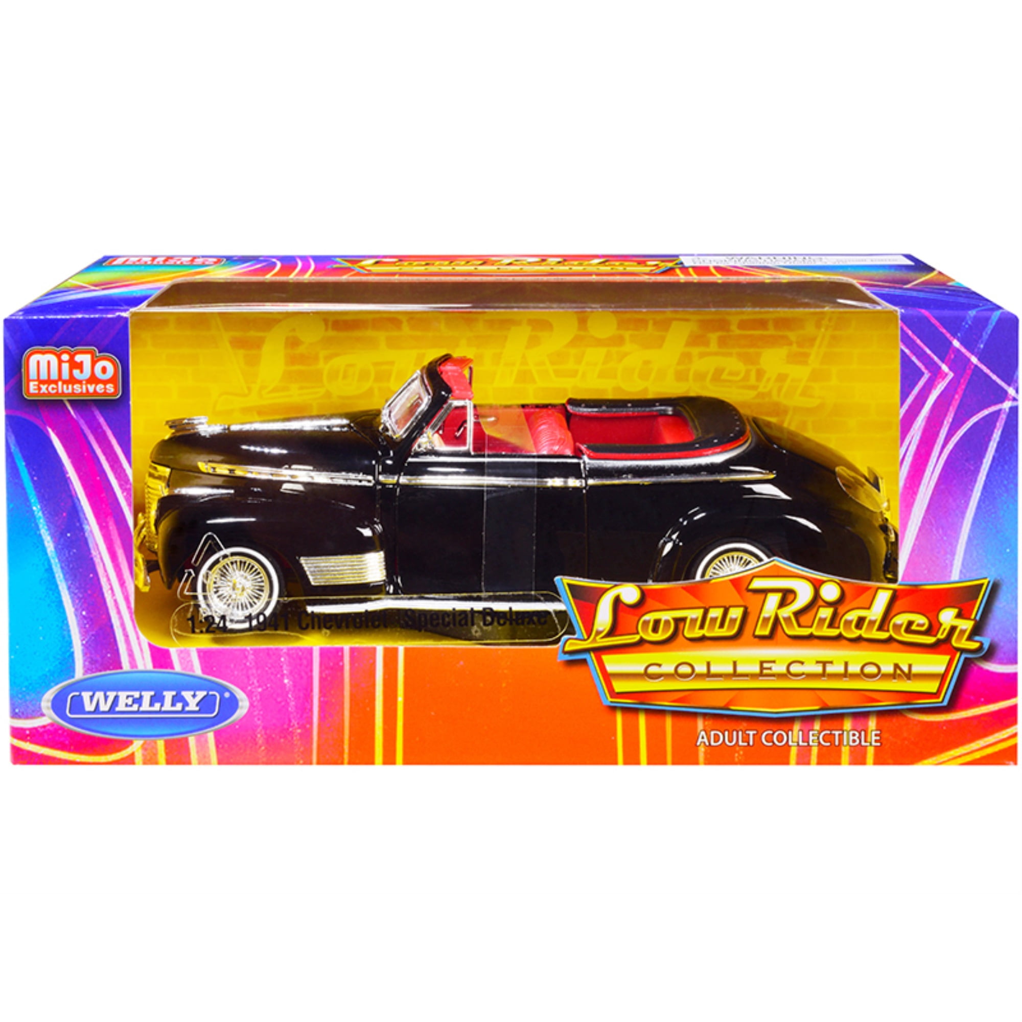 Welly 1/24 Diecast 1941 Chevrolet Special Deluxe Convertible - Black With Red Interior, Low Rider Model Car