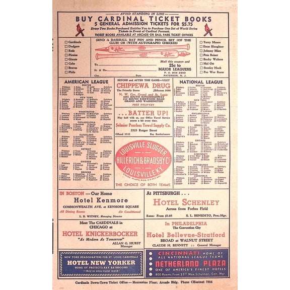 1942 Cardinals vs Pirates Baseball Score Card