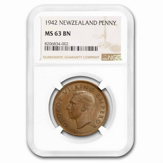 1942 New Zealand Bronze 1 Penny Tui Bird George VI MS-63 NGC