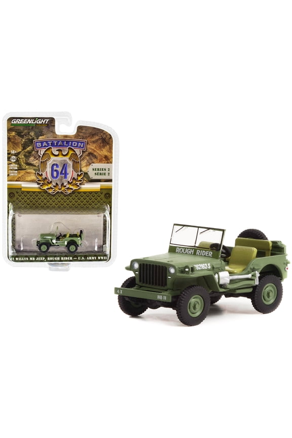 1942 Willys MB Jeep #20362162-S Green "U.S. Army World War II - Rough Rider" "Battalion 64" 1/64 Diecast Model Car by Greenlight