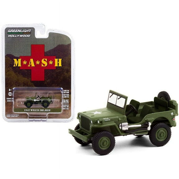 Greenlight Diecast Model Car 1942 Willys MB Jeep Army Green MASH TV Series 1/64 Scale